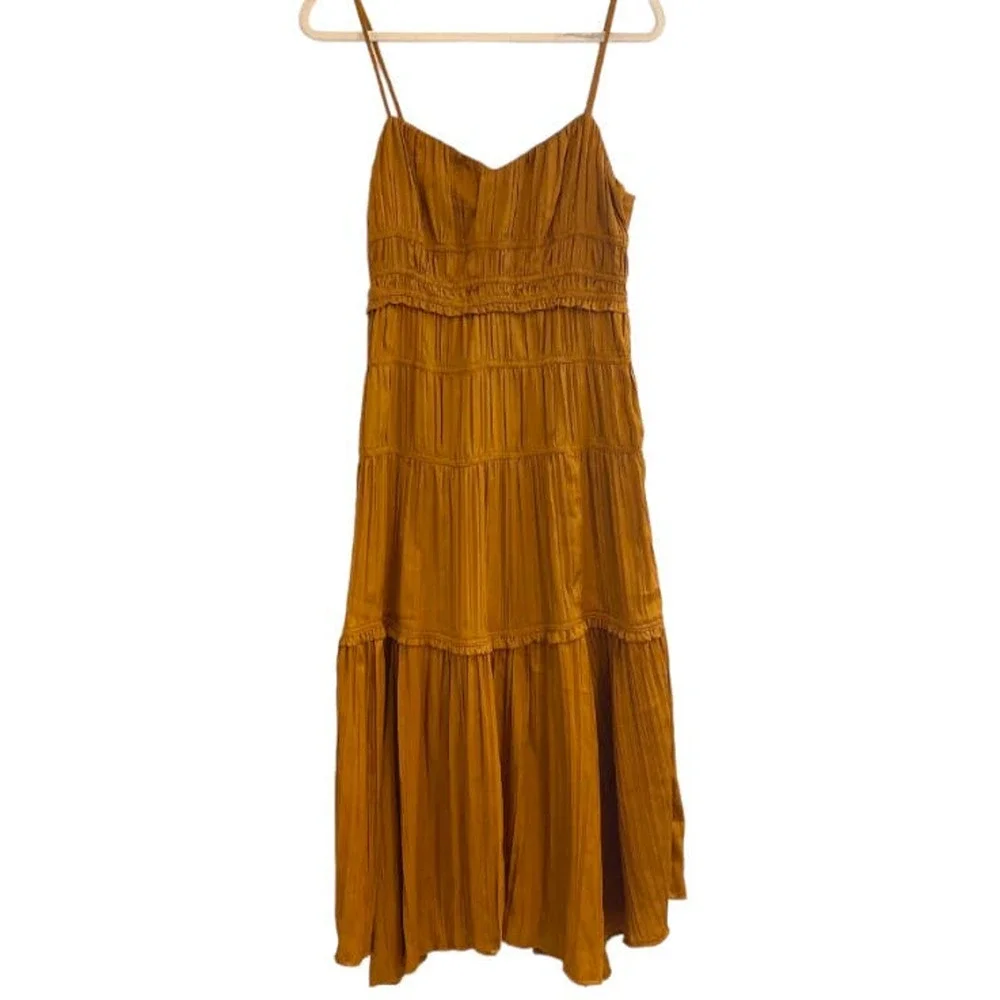 Anthropologie Women’s Sz 12 Ruched Tiered Midi Pleated Satin Slip Dress Gold NEW - Picture 4 of 12